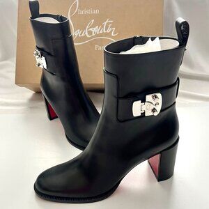 Christian Louboutin Lock Black Booties 70mm Block Heel Side Zipper Size EU 39